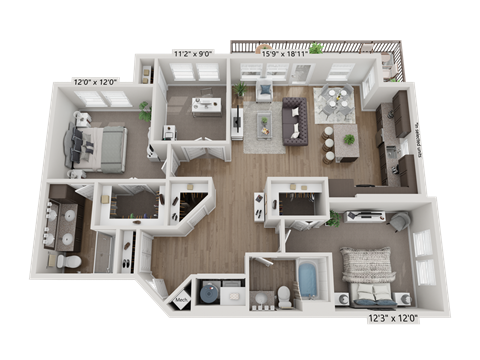 Floor plan for 2 beds, 2 baths, 1285 sqft